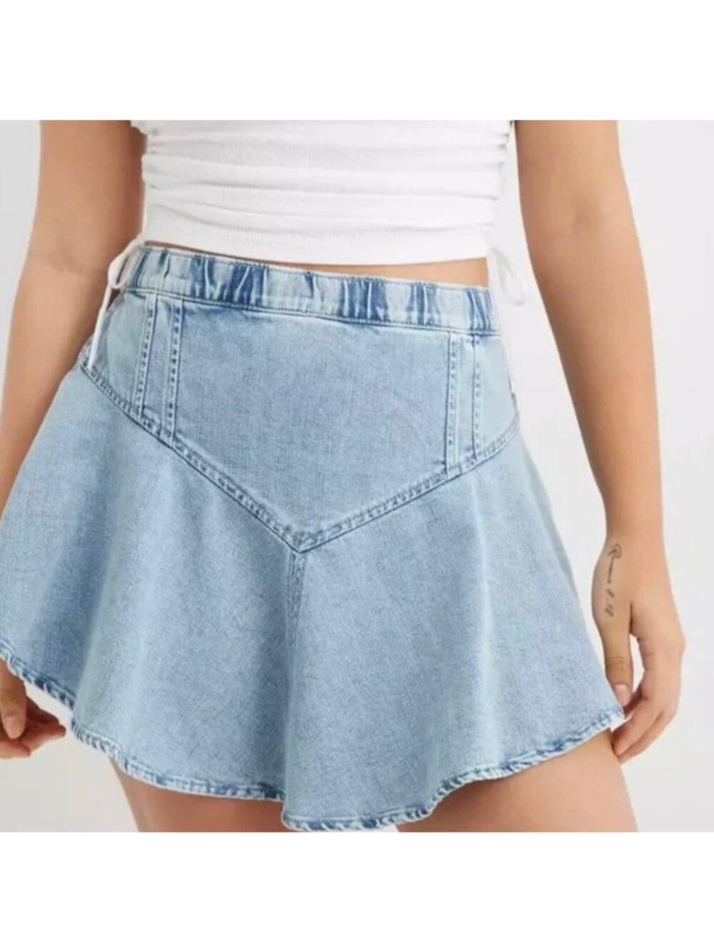 AERIE Light-Wash Blue Denim Elastic Waist Circle Mini-Length Women's Skirt XS